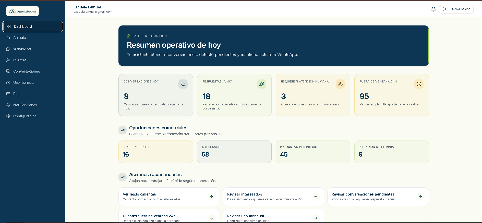 Panel comercial de AgentLabs con CRM, conversaciones y oportunidades
